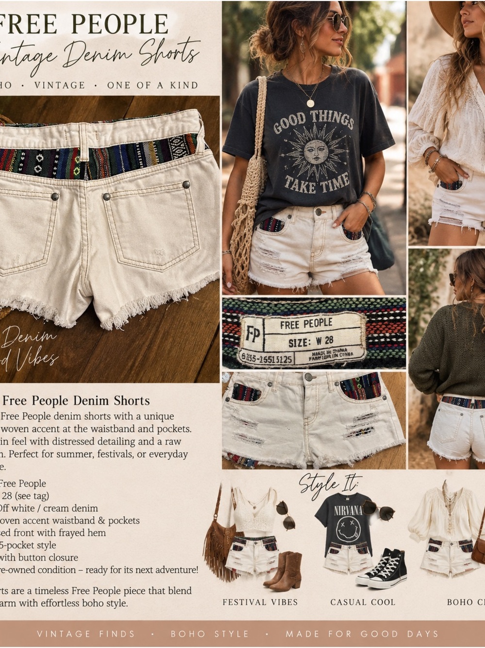 Free People W26 Boho White Denim Cutoff Shorts Woven Aztec Distressed Festival